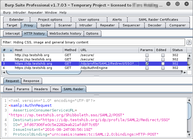 The request has an extra "SAML Raider" tab