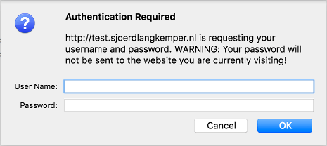 Dialog asking for credentials, containing a warning that the credentials will be submitted to another site.