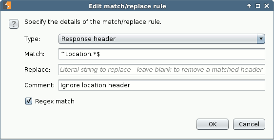 Screenshot of the Burp dialog to change response headers