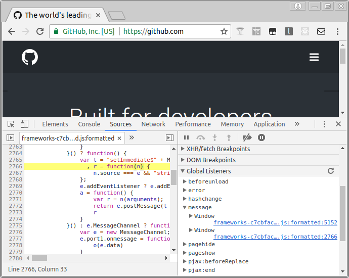 Chrome devtools shows message event listeners