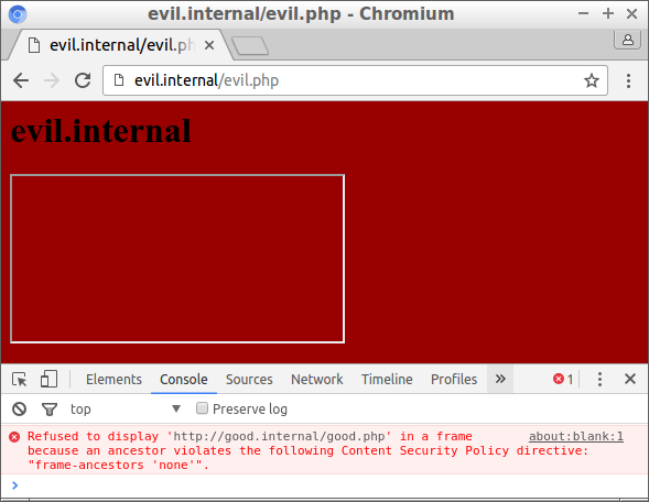 Refused to display 'http://good.internal/good.php' in a frame because an ancestor violates the following Content Security Policy directive: "frame-ancestors 'none'".