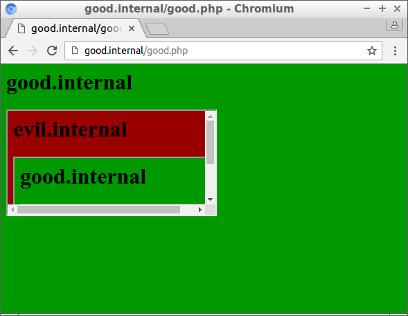 Good.internal includes an iframe with evil.internal with an iframe with good.internal