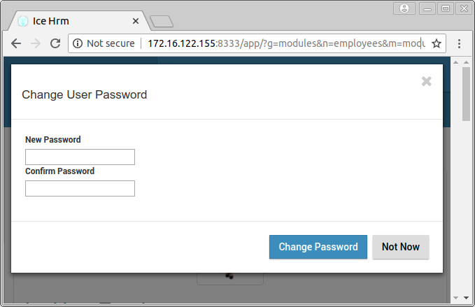 IceHRM dialog that asks twice for the new password