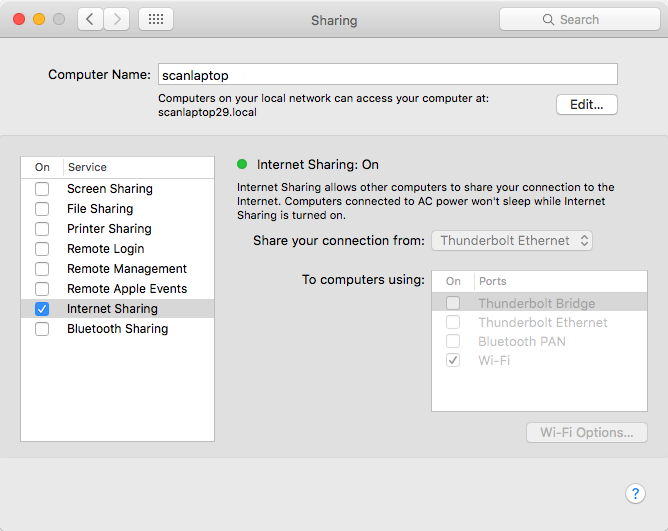 Sharing dialog with Internet Sharing enabled