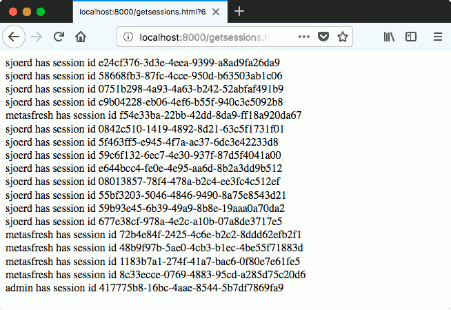 A web page on another domain lists Metasfresh session identifiers